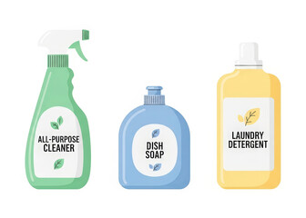 Eco Friendly Household Cleaning Products Illustration in Pastel Colors Isolated on White Background