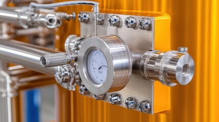 Precision Pressure Gauge on Industrial Machinery in Bright Environment