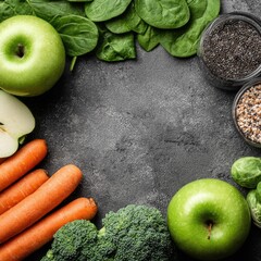 Fresh produce and seeds arranged in a circle on a dark background