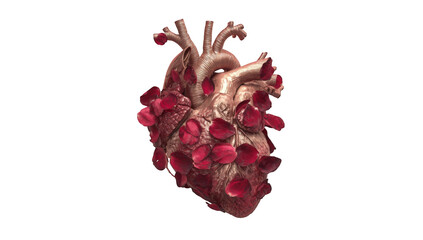 A 3D model of a heart adorned with rose petals