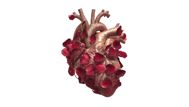 A 3D model of a heart adorned with rose petals