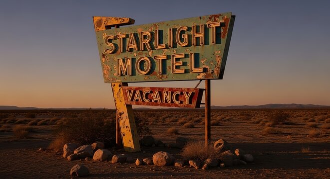 Vintage Starlight Motel sign glowing in desert sunset evokes Americana road trip nostalgia and adventure