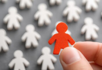 A hand holds a small red figure amidst many white figures