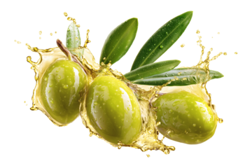 Green olives and leaves isolated on transparent or white background, png