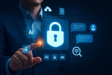 Artificial Intelligence and Cybersecurity Integration – Businessman Interacting with Digital Interface Featuring Padlock, Cloud, Fingerprint, and Communication Icons