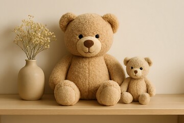 Obraz premium Warm Beige Teddy Bears and Dried Floral Display on a Simple Wooden Shelf
