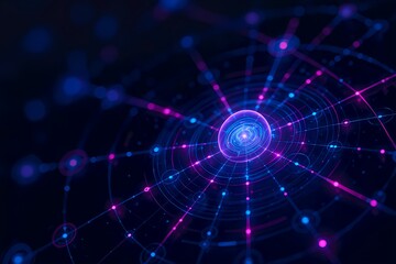 Abstract Digital Network Visualization – Glowing Central Node with Interconnected Lines and Concentric Circles in Futuristic Blue and Pink Gradient