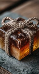 Amber soap tied with rope on slate
