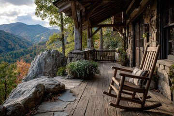 Obraz premium Serene porch view overlooking mountains and lush greenery.