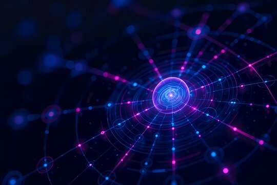 Abstract Digital Network Visualization – Glowing Central Node with Interconnected Lines and Concentric Circles in Futuristic Blue and Pink Gradient