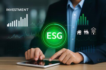 Businessman Using Digital Tablet to Analyze ESG Investment Strategy with Environmental, Social, and Governance Data Visualization Elements