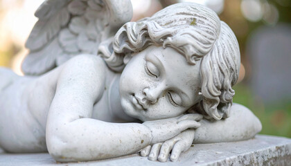 Fototapeta premium Gray stone sculpture of sleeping guardian angel. Antique texture visible. Minimalist religious