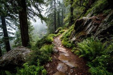 Lush forest path winding through rocky terrain and greenery.