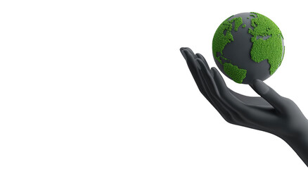 A hand holds a 3D Earth, green continents