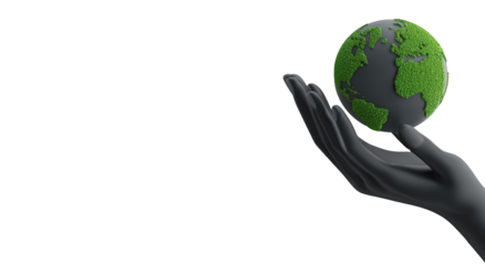 A hand holds a 3D Earth, green continents