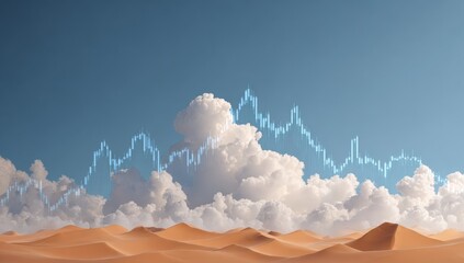Financial data overlaid on a desert landscape with clouds