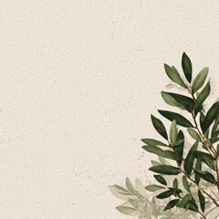 Pale beige textured background, leafy corner