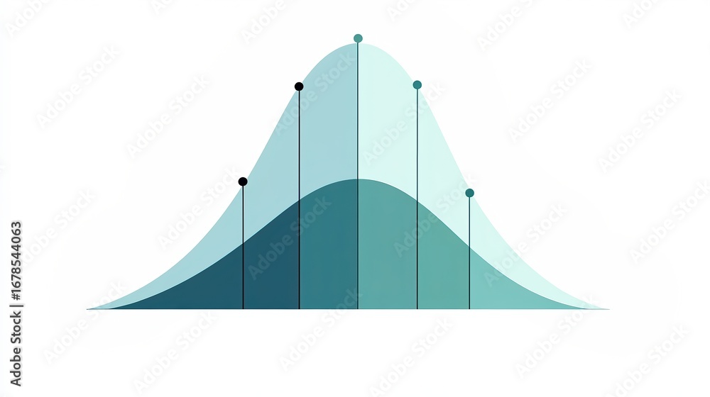 Poster a smooth, stylized graph depicting a bell curve, illustrating data distribution with peaks and troug