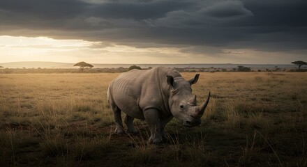 Obraz premium White rhinoceros in african savannah sunset