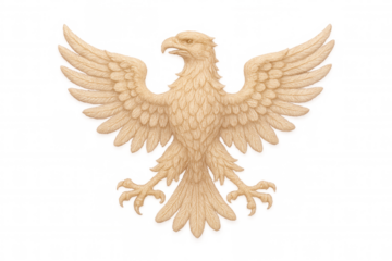 Majestic wooden carved eagle spreading powerful wings, symbolizing strength, against transparent backdrop for graphic design projects