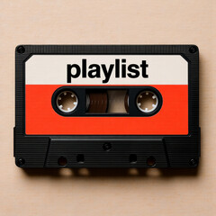 Fototapeta premium Red and white playlist cassette placed on bright table with clear view