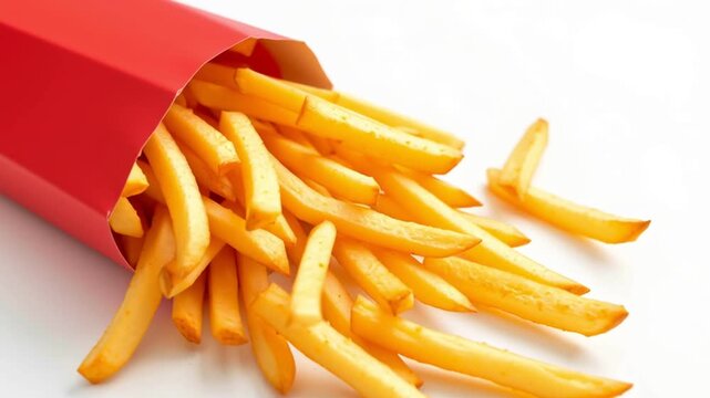 Golden crispy french fry and potato fast food snack, delicious and appetizing, red container, salty, golden, white background