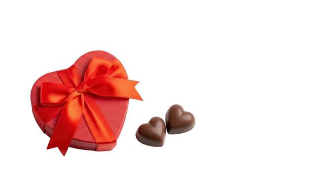 Heart shaped gift box with ribbon and chocolate hearts isolated PNG with Transparent Background
