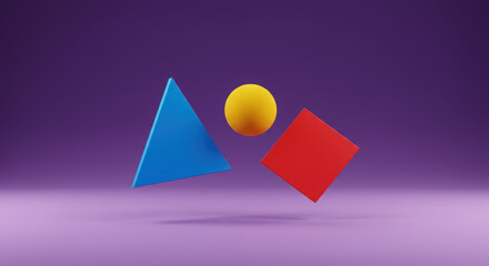 Colorful Shapes Dancing in Mid-Air, Abstract Art Composition, Vibrant Purple Background, Modern Design, Creative Perspective