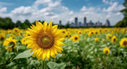 Obraz premium Sunflower field with city skyline