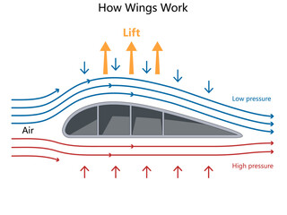 airplane wing create lift, illustrating airflow, high pressure, low pressure, and aerodynamics diagram hand drawn schematic vector. Science educational illustration