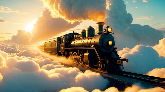 Vintage steam train traveling across clouds with glowing sunrise and dramatic golden sky creating surreal atmosphere