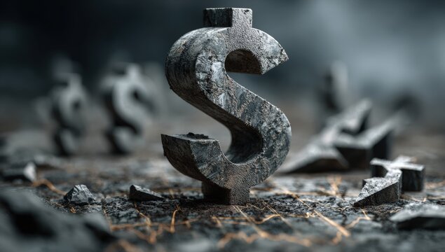 Dark, textured dollar sign surrounded by broken symbols