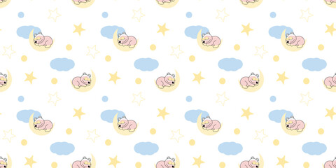Seamless pattern with sleeping bears, stars, moon and clouds on editable background