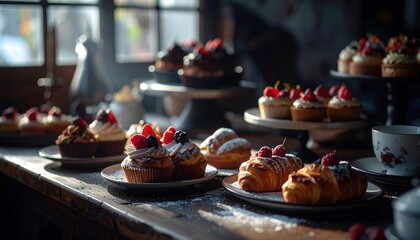 Assortment of sweet treats berry cupcakes croissants with powdered sugar and other desserts on a dark wooden table