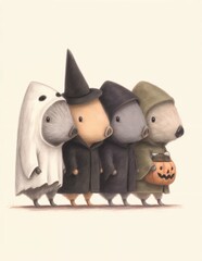 Cuatro adorables ratones disfrazados para Halloween, listos para una noche de aventuras.
