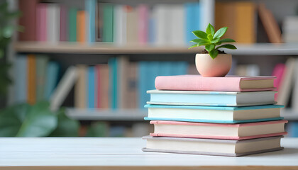 A small plant in a pot sitting on a stack of books in front of a blurred bookshelf background indoor