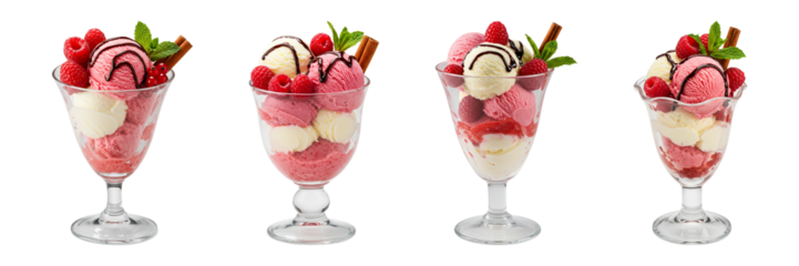 Delicious raspberry and chocolate ice cream sundae. Delicious Ice Cream Sundaes with Berries