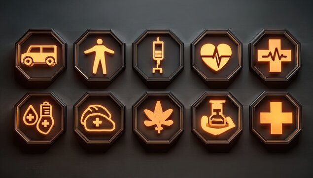 A grid of twelve glowing, octagonal icons, each depicting a medical or wellness-related symbol. - Powered by Adobe