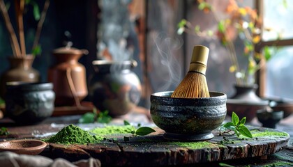 Fototapeta premium Bamboo whisk in a steaming matcha tea bowl on rustic wood Green powder and fresh leaves Traditional Japanese tea scene