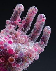 Abstract hand covered in pink and purple bubbles