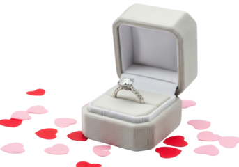 Luxury Diamond Engagement Ring in Open Gray Velvet Box with Red Heart Confetti Isolated