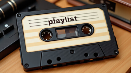 Naklejka premium Cassette labeled playlist lying on wooden table with nostalgic lighting
