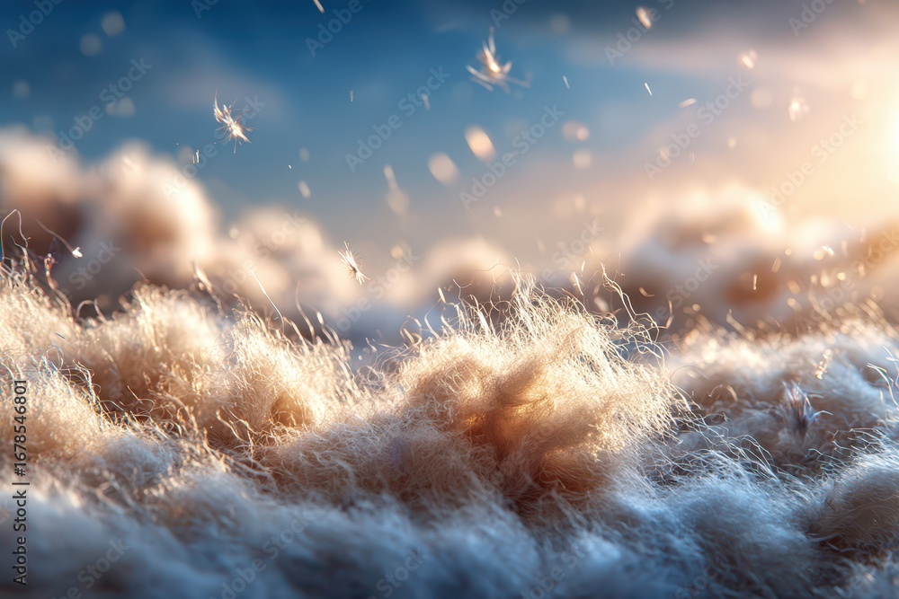 Poster an ethereal close-up of delicate fibers with sunlight filtering through a soft, dreamy background cr