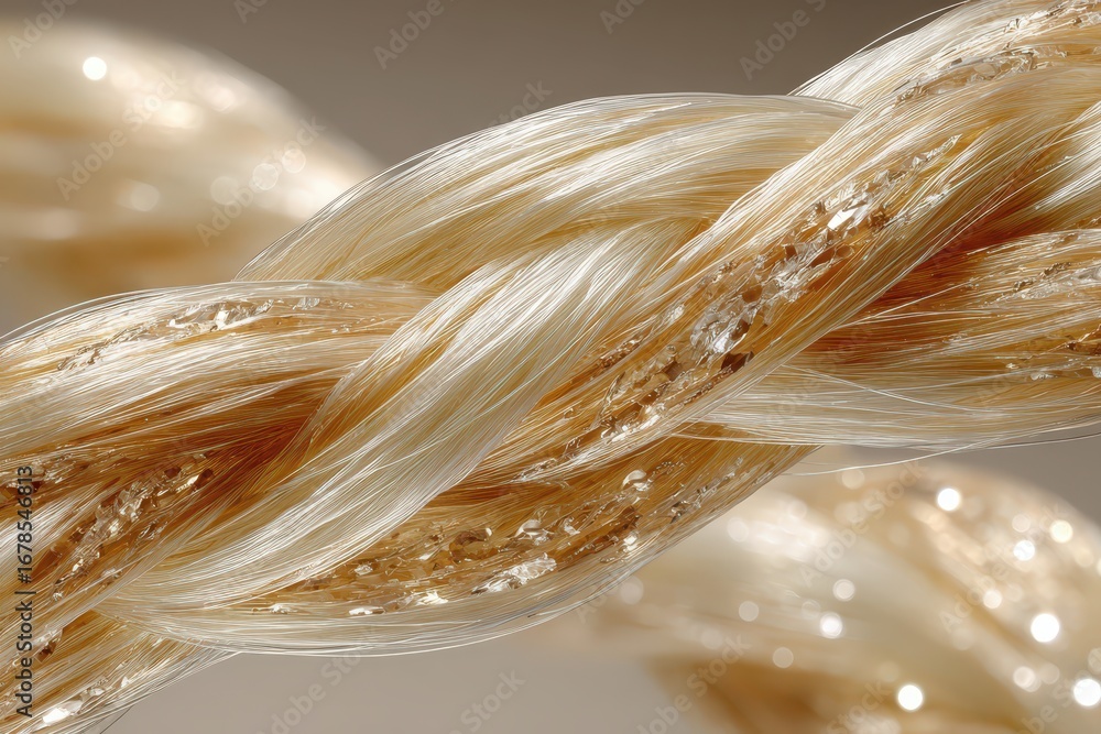 Poster an abstract representation of intertwined golden threads with metallic flakes, forming a mesmerizing