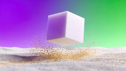 Floating cube on sandy surface, vibrant colors, explosion effect