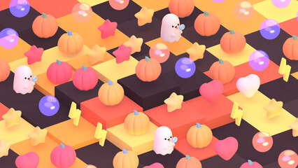 3D render cute Halloween ghosts and pumpkins on cubic floor.