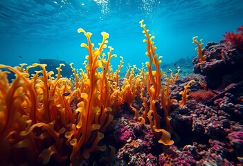 Fototapeta premium Vibrant underwater scene, lush seaweed, ocean floor details, coral, plants