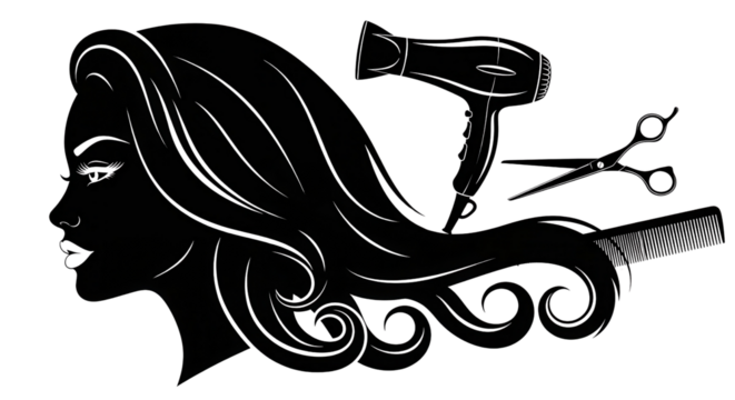 Hair salon vector silhouette design with woman, dryer, comb and scissors isolated PNG with Transparent Background