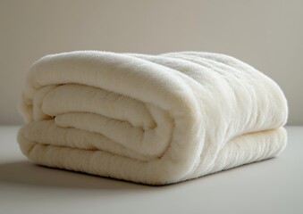 A tightly folded thick white wool blanket with plush texture, representing comfort and warmth in a home setting