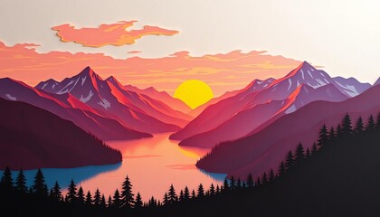 Warm sunset hues illuminate layered paper cut mountains, lake, and forest ,  origami,   fall colors